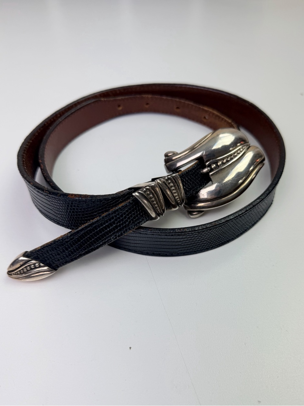 Vintage Barry Kieselstein-Cord Black Lizard Leather Belt Pecos Conchas Sterling